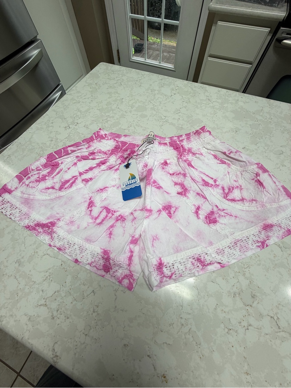 Women's Pink Tie-Dye Linen Blend Shorts with Drawstring Waist Seaspice small new